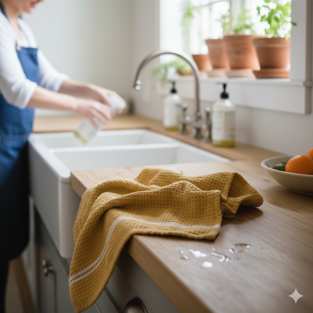 Trockentuch auf Arbeitsfläche und Spüle im Hintergrund