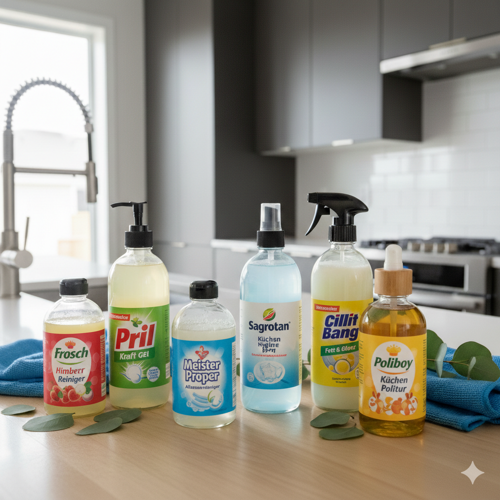 Flaschen mit Reinigungsmitteln auf einer Arbeitsplatte