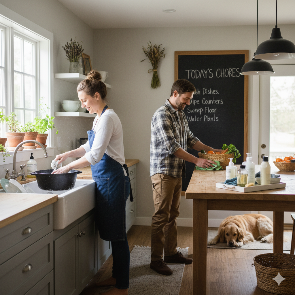 Zwei Personen in der Küche, die putzen und pflegen.