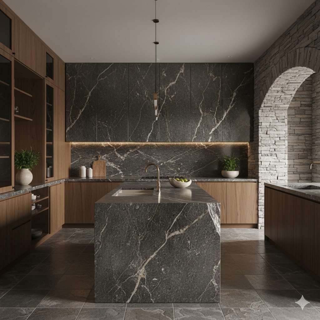 Küche aus dunklem Naturstein