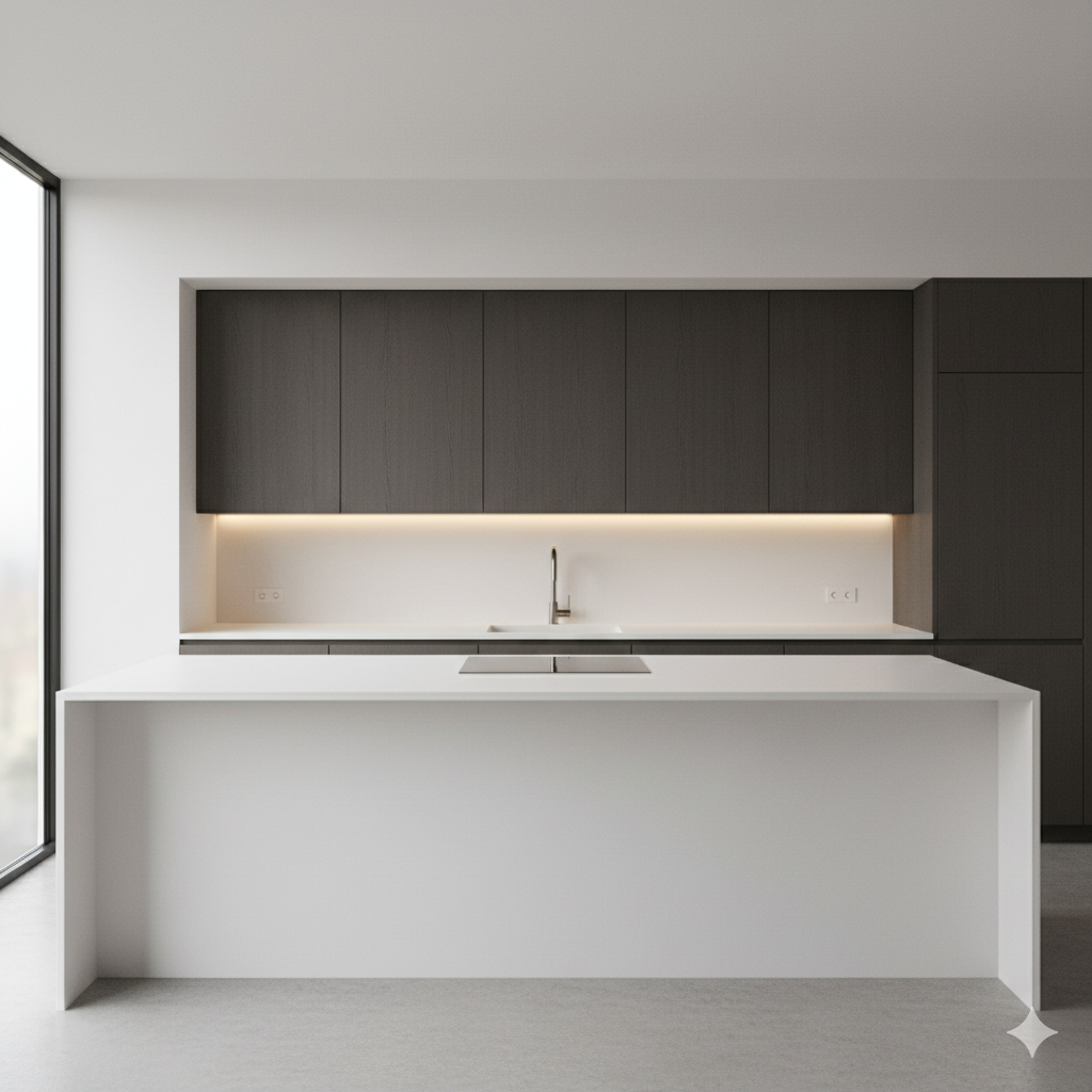 Moderne graue Küche mit weißer Kücheninsel