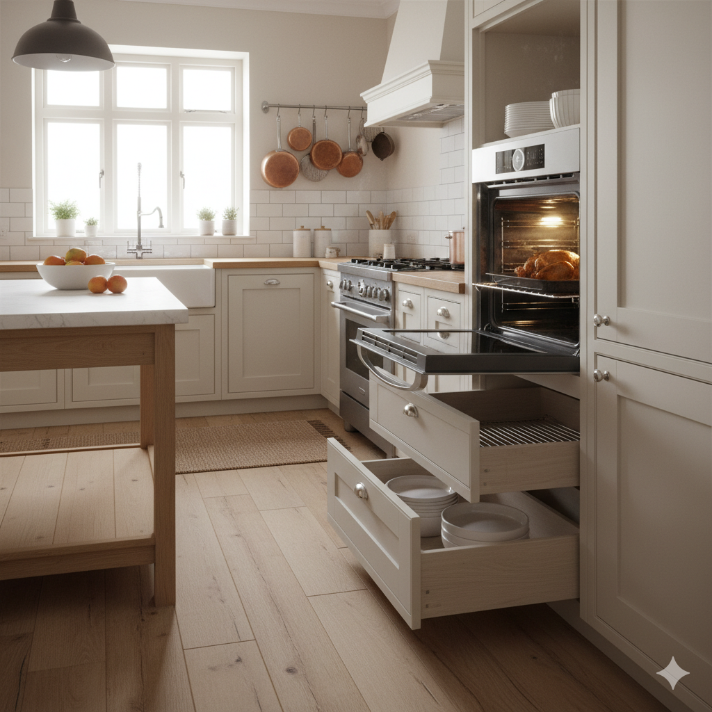 Moderne Landhausküche mit geöffnetem Backofen