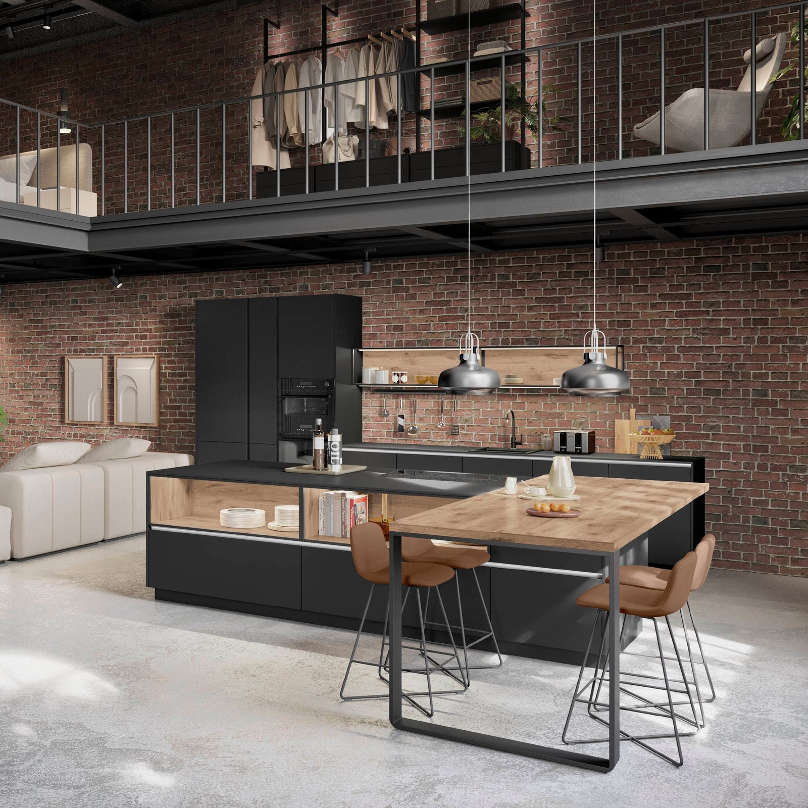 Küche und Wohnkombination in schwarz premium matt