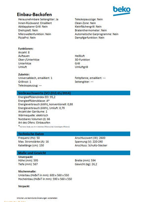 Beko Einbau-Backofen BBIM110N1X Datenblatt Hersteller