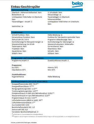 Beko Spülmaschine Geschirrspüler BDIN14N22 60 cm vollint. Datenblatt Hersteller 1