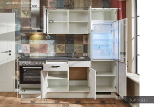 Pino Küche Beton Weißgrau 220cm offene Schränke Maßangaben top-shelf.de-