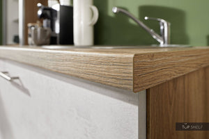 Pino Küche Küchenzeile Beton Weißgrau 180cm Detail Arbeitsplatte Evoke Eiche top-shelf.de