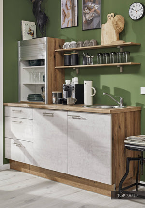 Pino Küche Küchenzeile Beton Weißgrau 180cm konfigurierbar E-Geräte seitliche Ansicht top-shelf.de