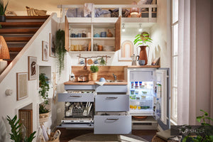 Pino Küche Pastellblau Honig Eiche 180 cm geöffnete Schränke top-shelf.de-