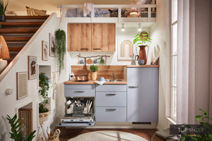 Pino Küche Pastellblau Honig Eiche 180 cm mit Geschirrspüler top-shelf.de-