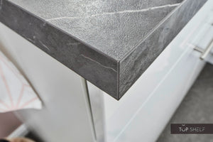 Pino Küche Weiß Hochglanz 285 x 165 cm konfigurierbar Detail Kante top-shelf.de-