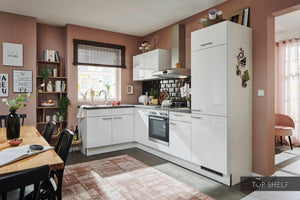 Pino Küche Weiß Hochglanz 285 x 165 cm konfigurierbar E-Geräten top-shelf.de-