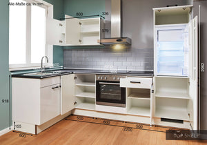 Pino Küche Weiß Hochglanz 285 x 165 cm konfigurierbar Maßangaben top-shelf.de-