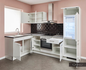 Pino Küche Weiß Hochglanz 285 x 165 cm konfigurierbar Stauraum offen top-shelf.de-