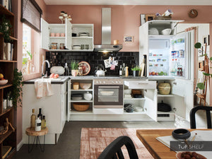 Pino Küche Weiß Hochglanz 285 x 165 cm konfigurierbar Stauraum top-shelf.de-