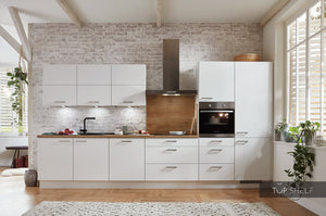 nobilia Küche Bremen im Frontdekor Alpinweiß mit Arbeitsplatte und Nischenverkleidung in 192 Eiche Provence