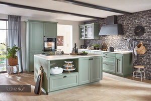 nobilia Küche mit Kücheninsel Cascada 776 Lacklaminat Schilf 310+180+190 cm konfigurierbar mit E-Geräten spiegelverkehrt