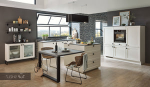 nobilia Küche mit Kücheninsel Chalet 883 Lack Magnolia Matt 180+240+220 cm konfigurierbar mit E-Geräten spiegelverkehrt