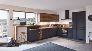 nobilia Winkelküche Easytouch 961 Lacklaminat Grafitschwarz ultramatt + 272 Balkeneiche 320+310 cm konfigurierbar mit E-Geräten spiegelverkehrt