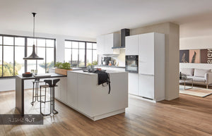 nobilia Küche mit Kücheninsel Easytouch 967 Lacklaminat Alpinweiss ultramatt 330+274 cm konfigurierbar mit E-Geräten spiegelverkehrt