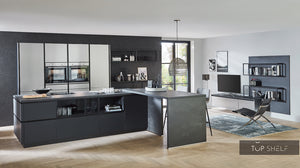 nobilia Küche mit Kücheninsel Inox 216 Lacklaminat Stahl gebürstet Nachbildung 240+280cm konfigurierbar mit E-Geräten