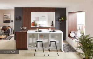 nobilia Küchenzeile mit Kücheninsel Riva 840 Nussbaum 244 + 243 x 110 cm konfigurierbar mit E-Geräten spiegelverkehrt