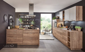 nobilia Küchenzeile mit Kücheninsel Structura 402 Eiche Havanna 330 + 250 cm konfigurierbar mit Elektrogeräten spiegelverkehrt spiegelverkehrt