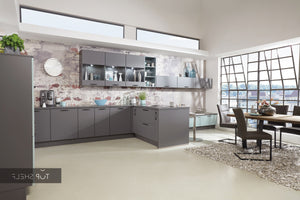 nobilia Küche mit Kücheninsel Touch 334 Lacklaminat Schiefergrau supermatt 600 + 120 cm konfigurierbar mit Elektrogeräten seitliche Ansicht spiegelverkehrt