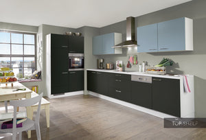 nobilia Küche Touch 340 Lacklaminat Schwarz supermatt mit Akzent Aqua 330 + 120 cm konfigurierbar mit Elektrogeräten