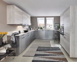 nobilia U-Küche Inox 216 Lacklaminat Stahl gebürstet Nachbildung 240x345x240cm konfigurierbar mit E-Geräte spiegelverkehrt