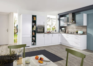 nobilia Winkelküche Eckküche Focus 470 Lack Alpinweiß ultra-hochglanz 260x350cm konfigurierbar mit E-Geräten spiegelverkehrt