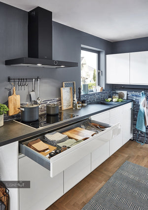 nobilia Winkelküche Eckküche Pura 834 Lack Weiß Hochglanz grifflose Küche 350x330 cm konfigurierbar mit Elektrogeräten spiegelverkehrt