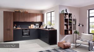 nobilia Winkelküche Eckküche Riva 840 Nussbaum/ Schiefergrau matt 245 x 305 cm konfigurierbar mit E-Geräten spiegelverkehrt