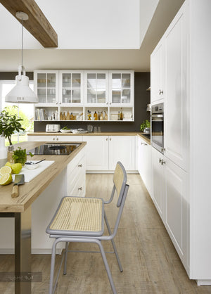 nobilia Winkelküche mit Kochinsel Sylt 847 Alpinweiß matt 310x300 + 210 x110 cm Landhaus Küche optional mit Elektrogeräte Detail Insel spiegelverkehrt