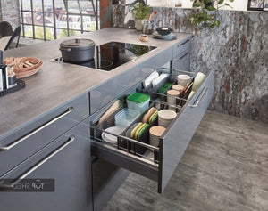 nobilia Küchenzeile mit Kücheninsel Flash 453 Lacklaminat Schiefergrau Hochglanz 335+245 cm konfigurierbar mit E-Geräten Detail spiegelverkehrt