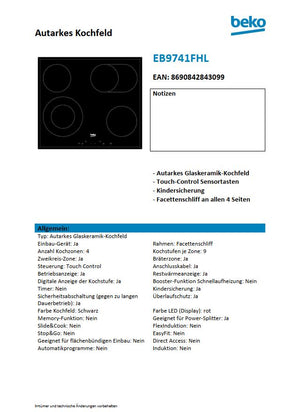 Beko Kochfeld Glaskeramik-Ceranfeld EB9741FHL Autark Hersteller Datenblatt
