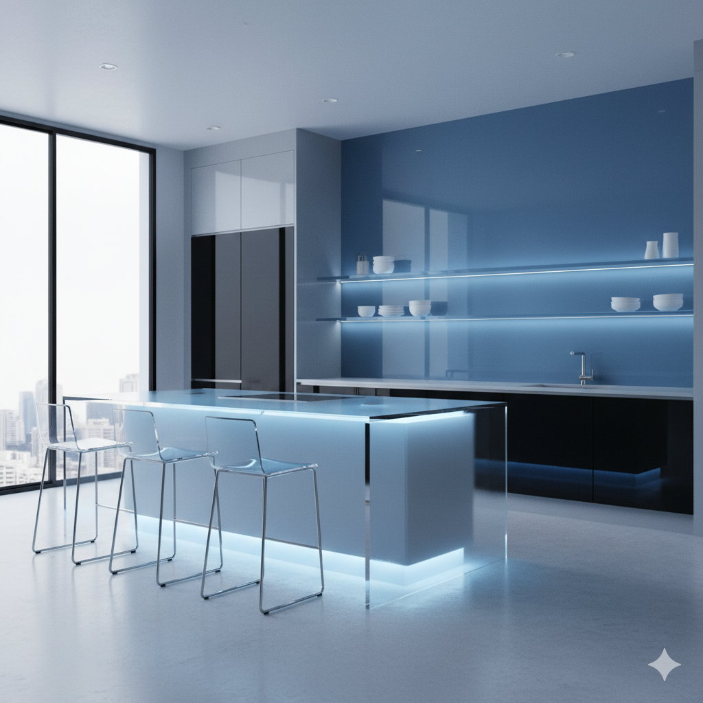 Moderne Küche mit Polymerglas, das hinterleuchtet ist