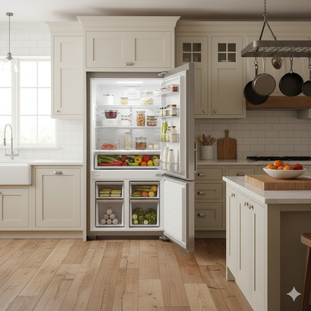 Moderne Landhausküche mit geöffnetem Kühlschrank