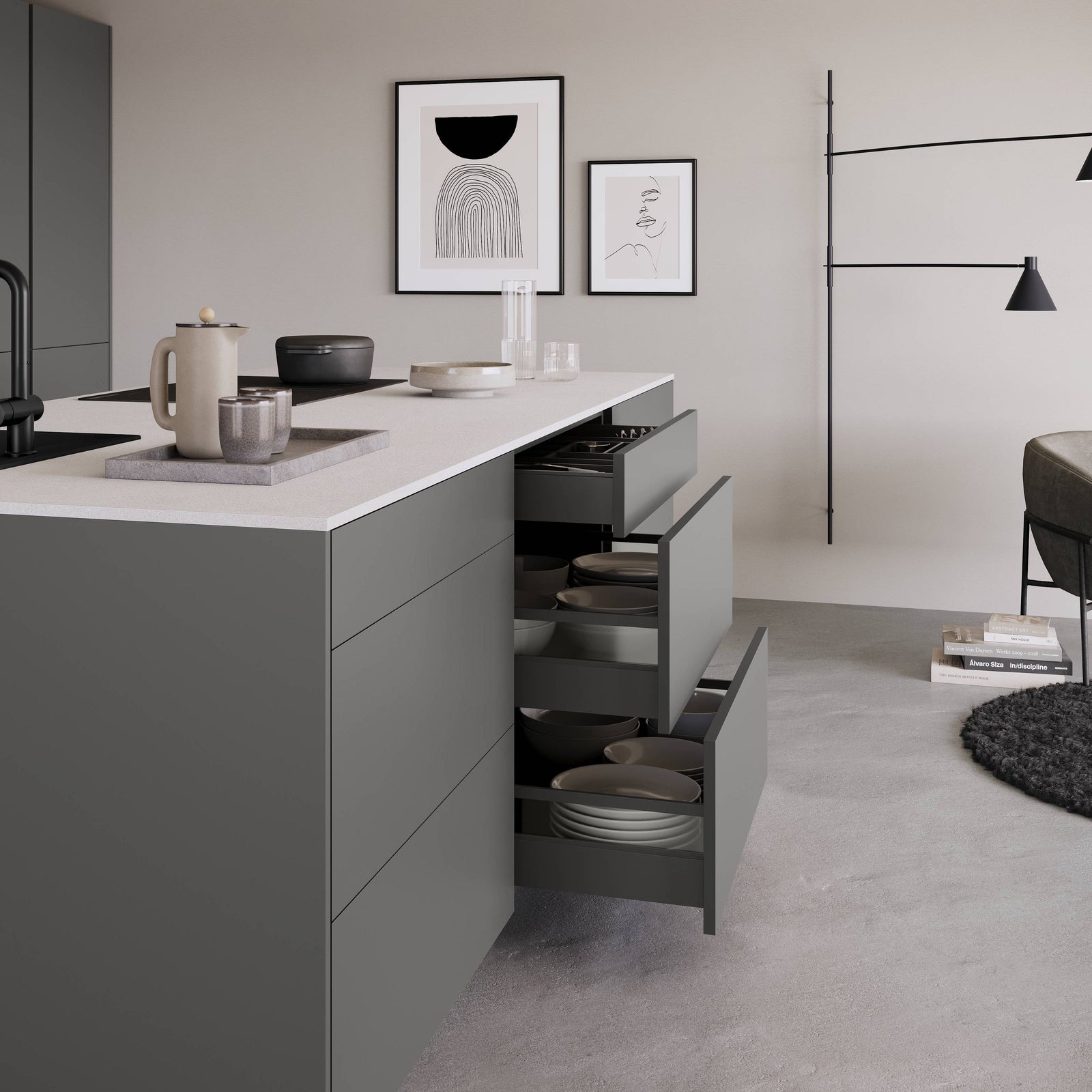 Schiefergraue Kücheninsel mit nBox Auszügen