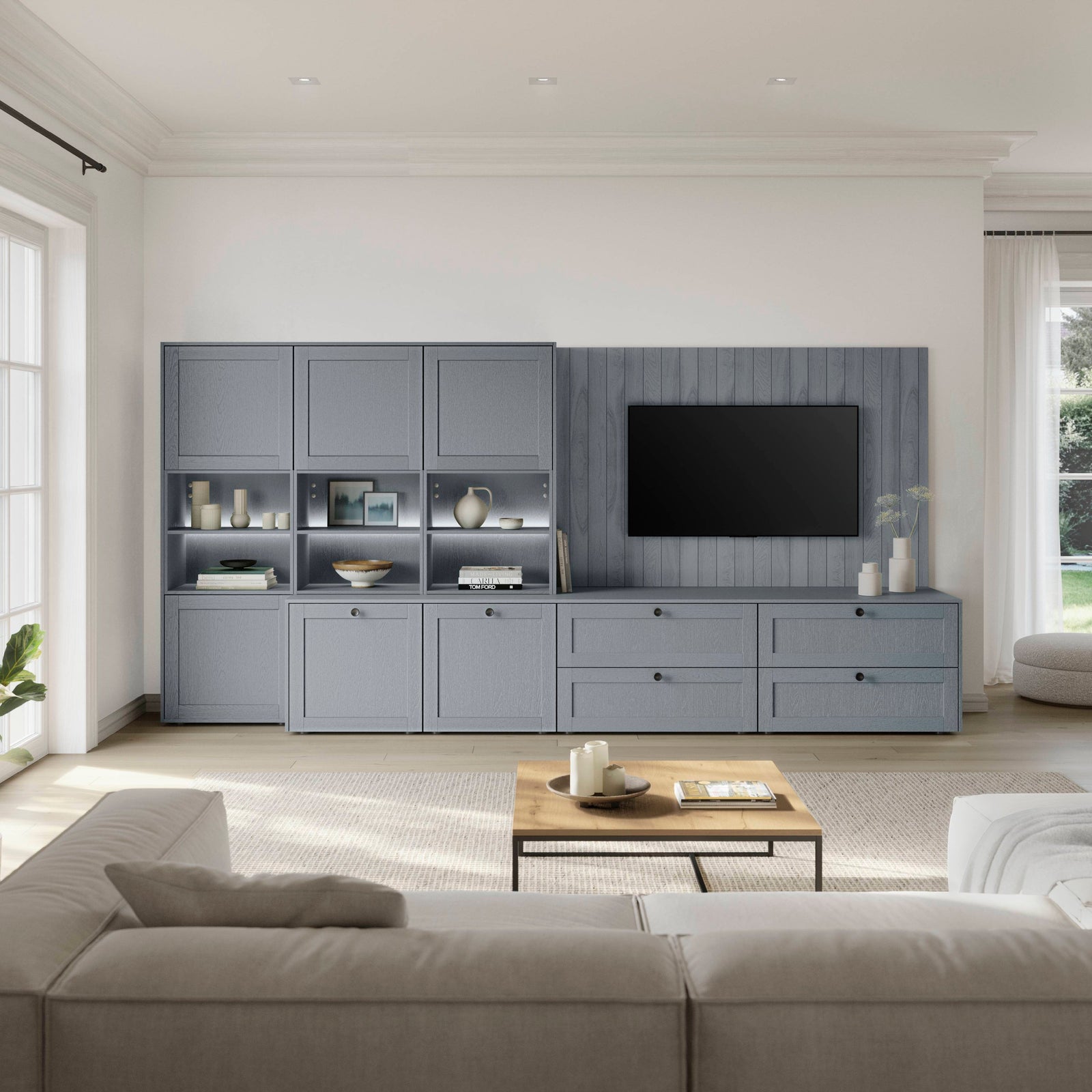 Wohnwand im steinblau im modernen Landhausstil