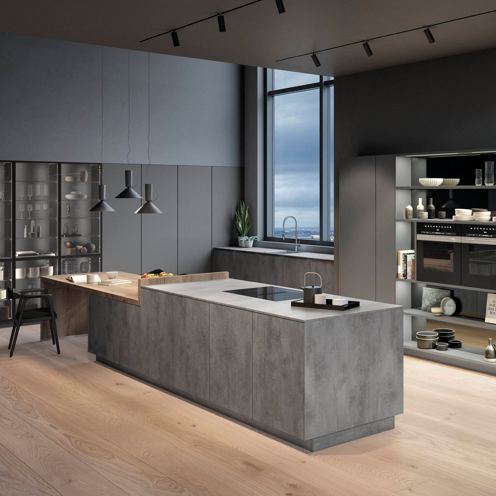 Küchen mit Kücheninsel in schiefergrau beton