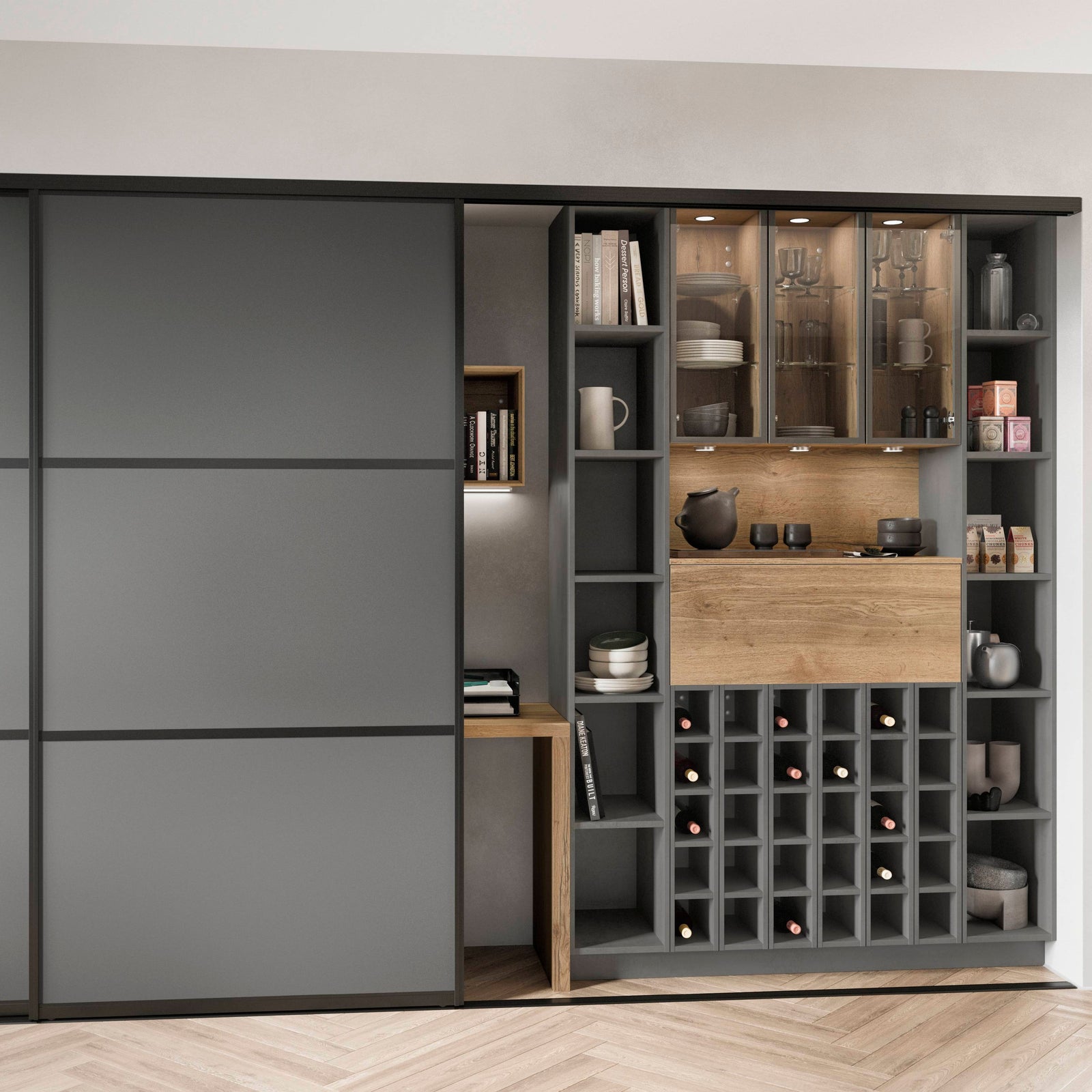 Schiebetür in Schiefergrau und Wohnwand