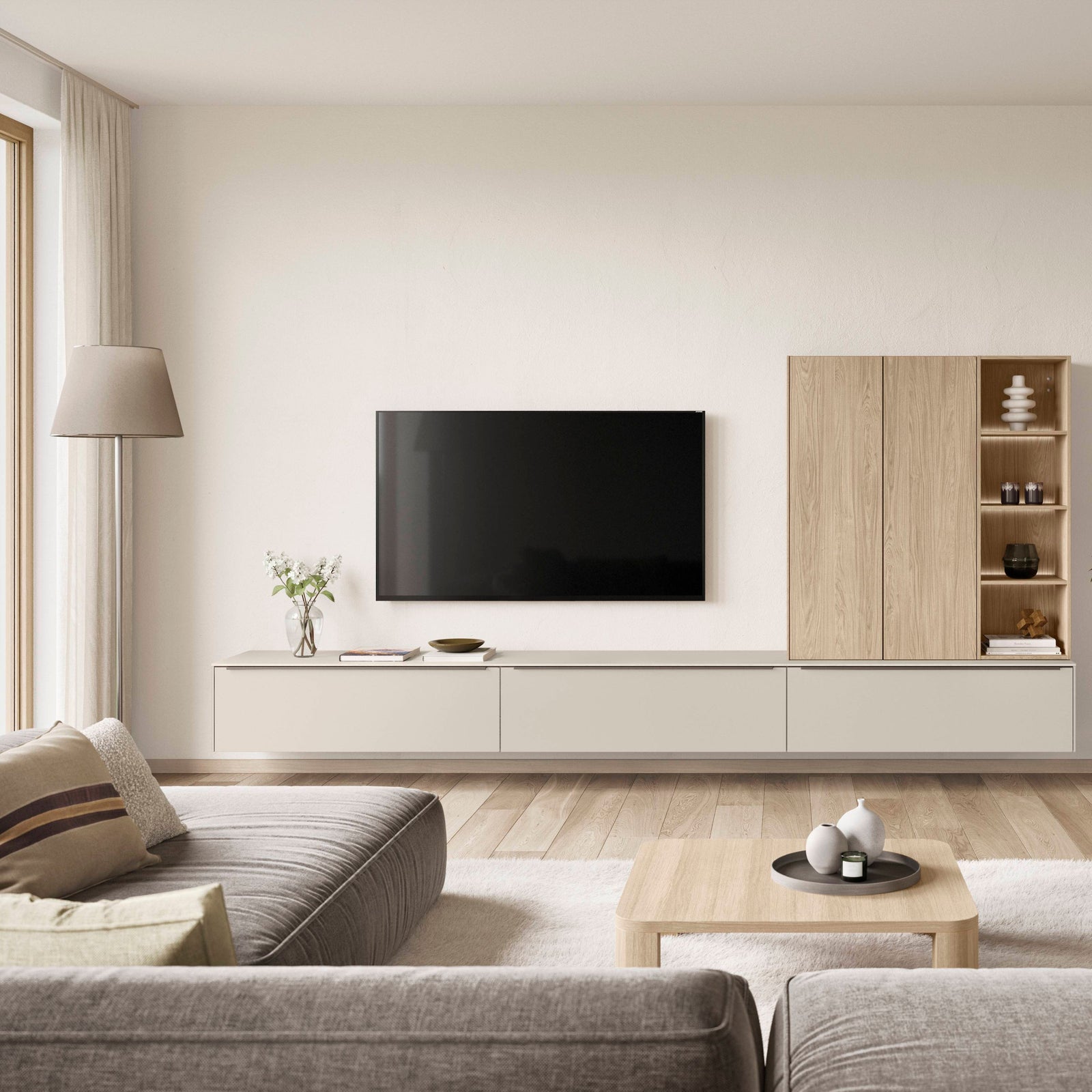 Wohnwand - schwebend - sandfarben