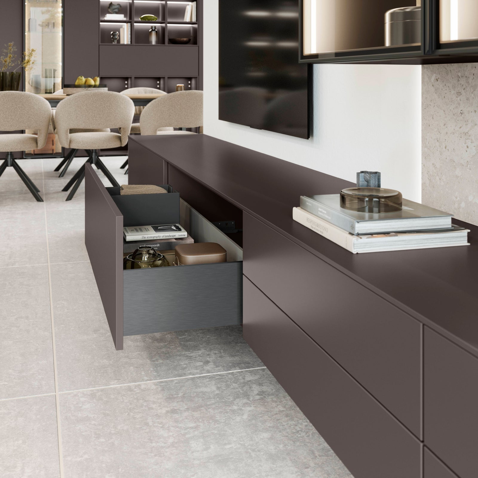 Wohnwand in coffee matt mit Detail der Schublade