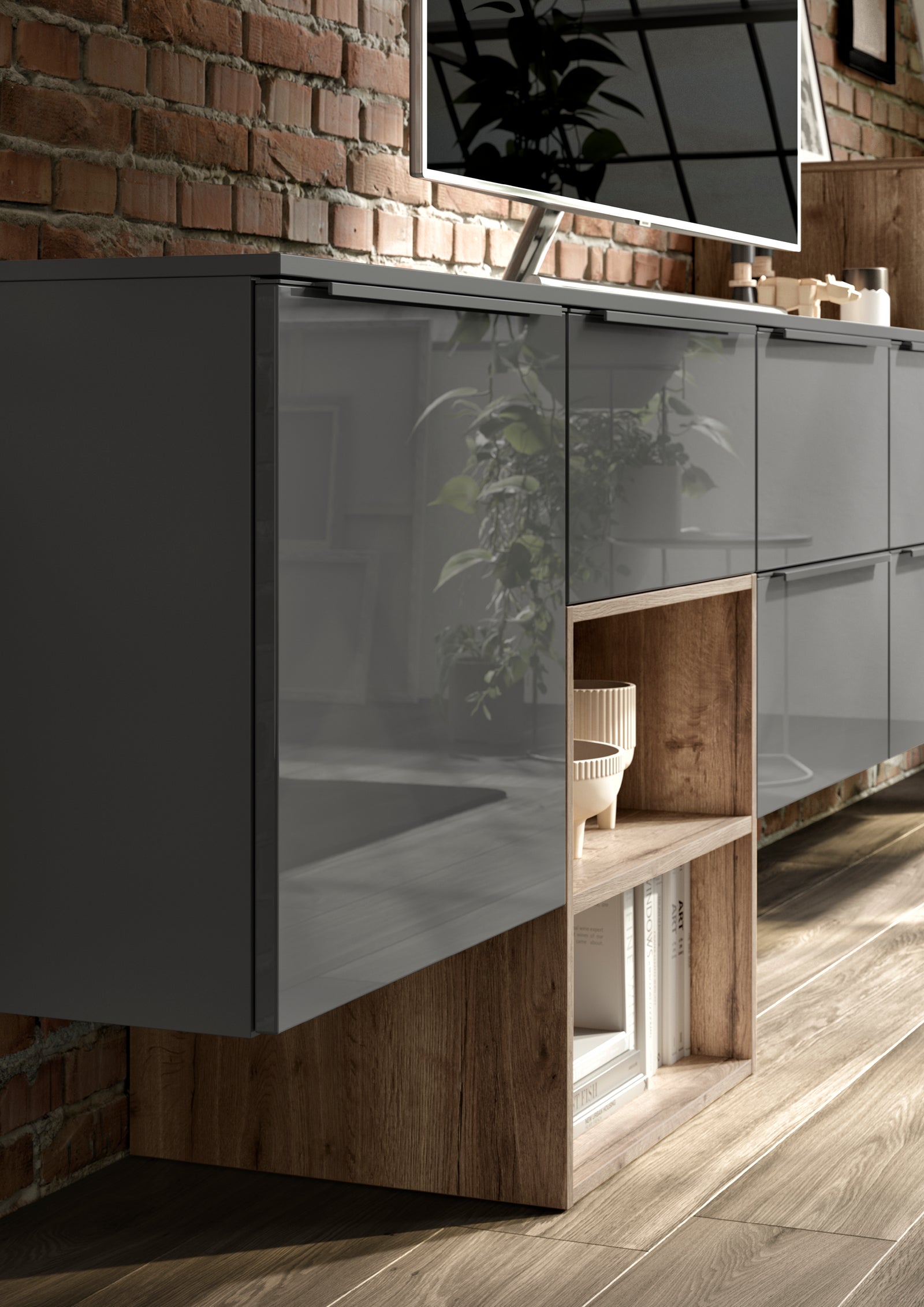 nobilia wohnwand unterschrank FLASH 453 LACKLAMINAT SCHIEFERGRAU HOCHGLANZ