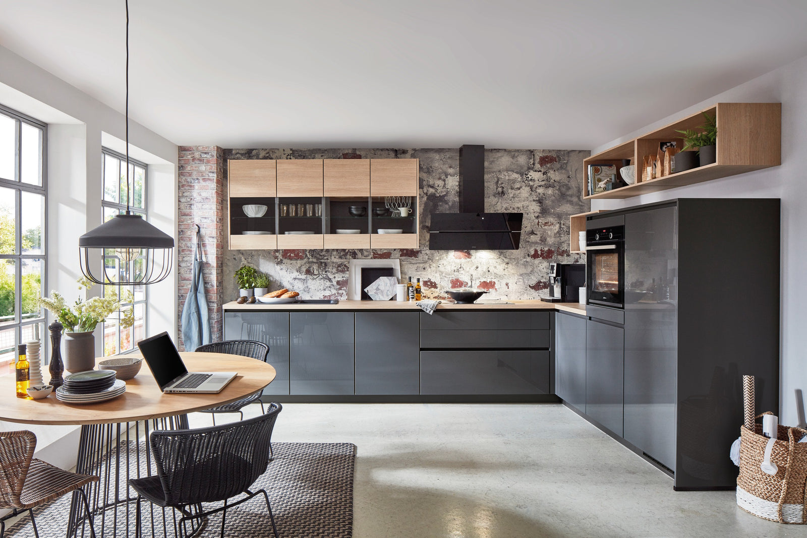 nobilia EckKüche Winkelküche FLASH 453 LACKLAMINAT SCHIEFERGRAU HOCHGLANZ mit Structura Hängeschränken