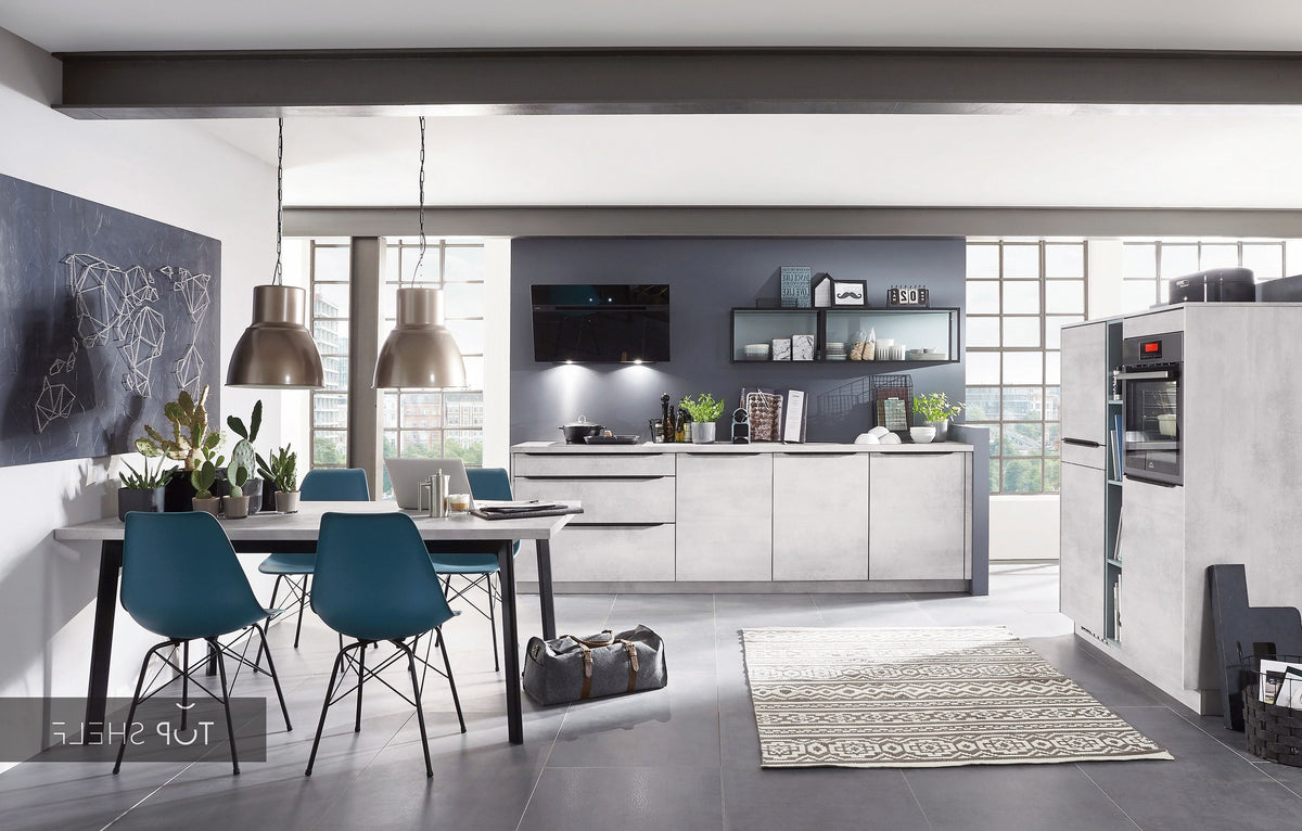 nobilia Küche Küchenzeile Riva 891 Weißbeton 285 + 150 cm konfigurierbar mit E-Geräten spiegelverkehrt