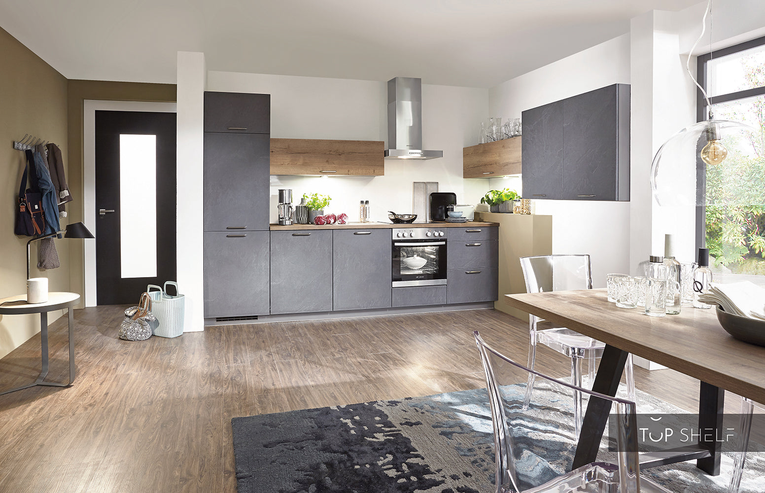 nobilia Küche Küchenzeile StoneArt 303 Grauschiefer Nachbildung 240+290cm konfigurierbar mit E-Geräten spiegelverkehrt