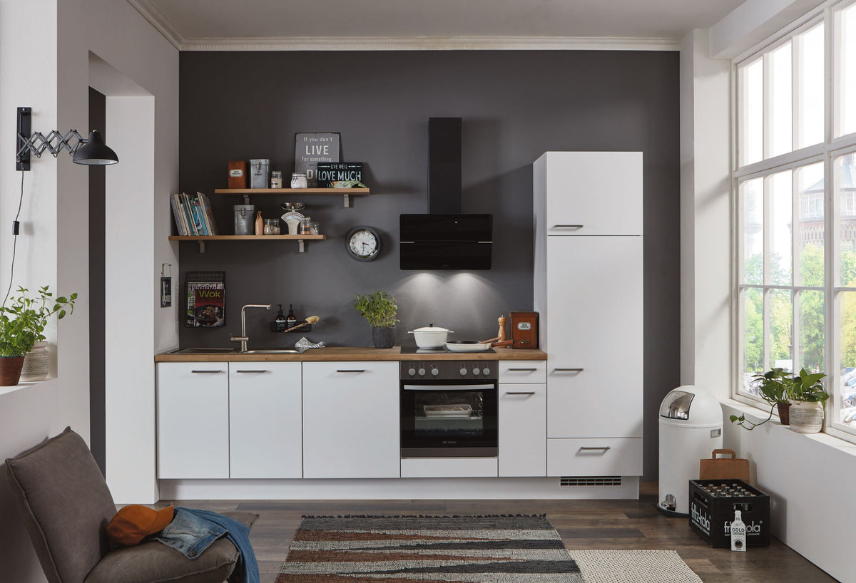 Elica Dunstabzugshaube WISE 60 BK (Abluft) schwarz-glas in weißer nobilia Küche