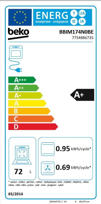 Beko BBIM174N0BE Einbau-Backofen, Energie Label